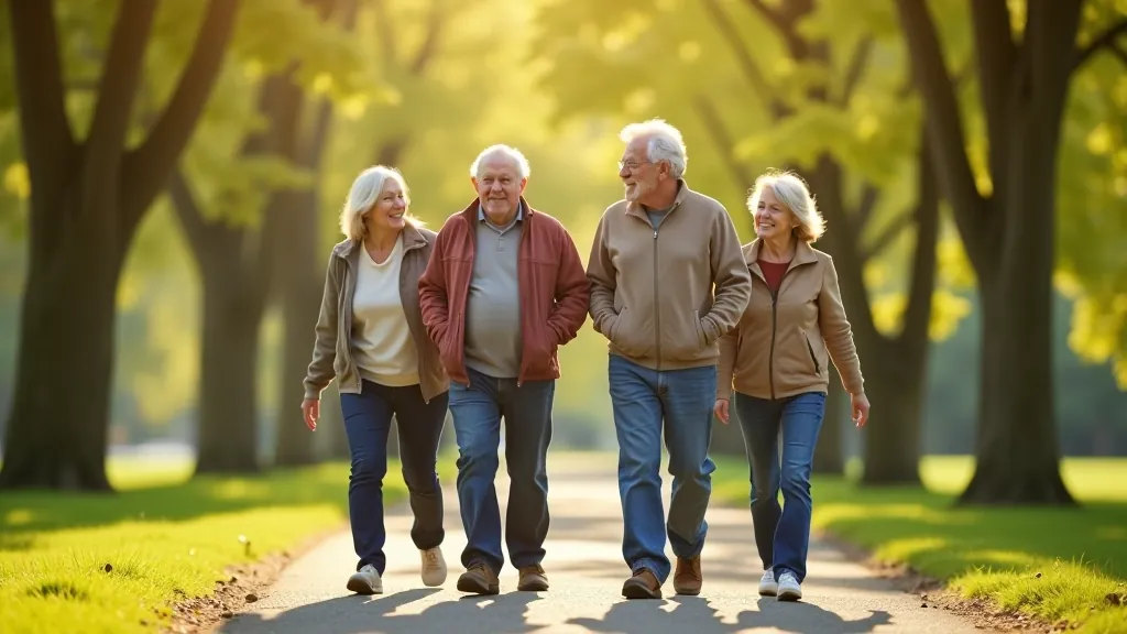 Grupė seniorų eina lėtai žaliame parke, šypsosi, gražus pavasario oras, saulės šviesa
