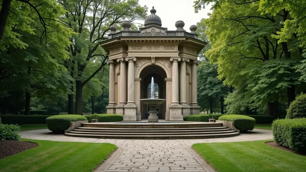 Senoji parko architektūra, istoriniai pastatai, klasikinė aplinka, gražus senovinis šaltinis ar paminklas